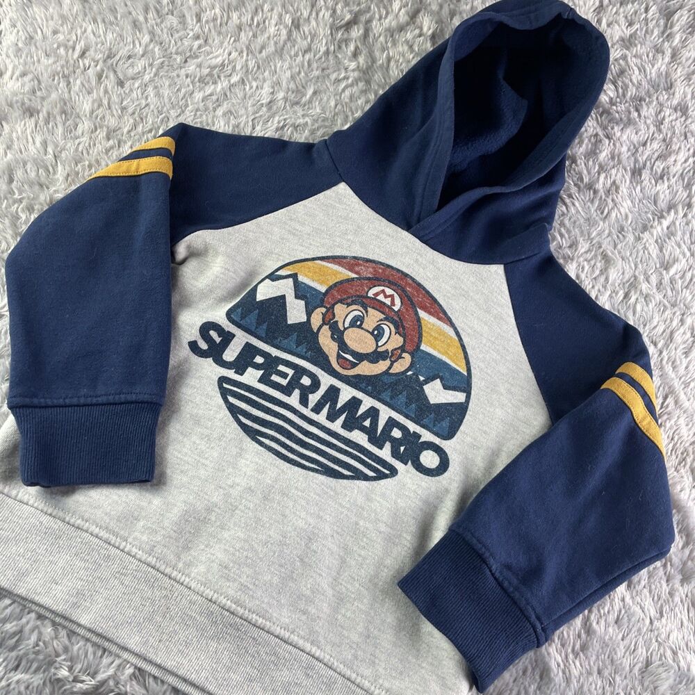 Super Mario Sweatshirt Youth 6 Blue Gray Yellow Hoodie Pullover Bros Video Games